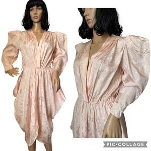 Vintage Stepping Out pink jacquard wrap midi dress large square shoulders small